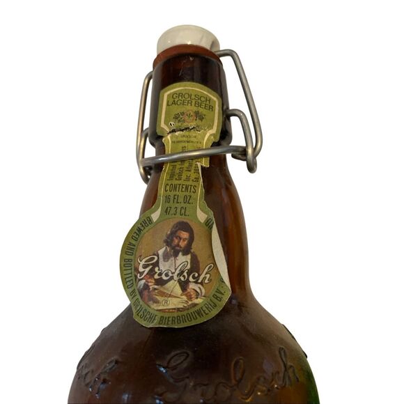 Vintage Grolsch Green Brown Embossed Beer Bottles 16 oz Swing Top Empty Lot Of 4 - Picture 5 of 9